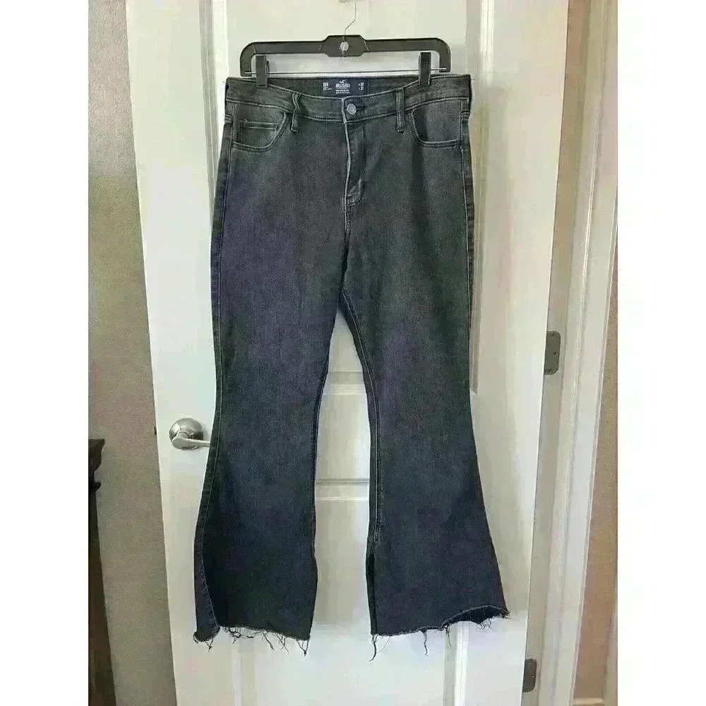 HOLLISTER CALIFORNIA HIGH RISE FLARE JEAN BLACK DENIM 15R 32W 31L FRAYED ANKLE